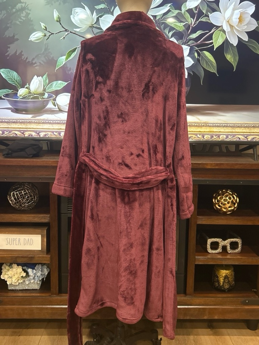 Cozy Long Plush Robe in Burgundy - Shawl Collar Lounge Wrap - Picture 3 of 8